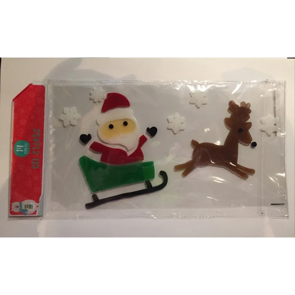 NEW Christmas Santa, Sleigh & Reindeer Snowflakes window Gel Clings 14 pcs Decor